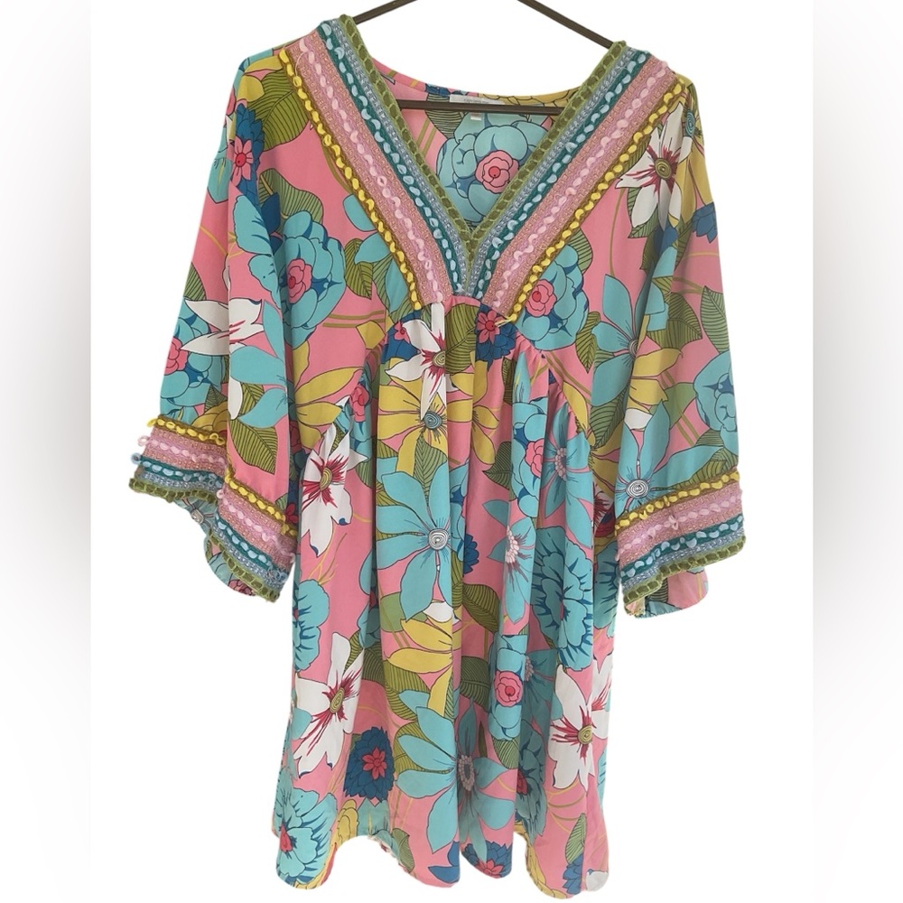VEVERET Floral Boho Tunic Blouse Size M – Cute Summer Top